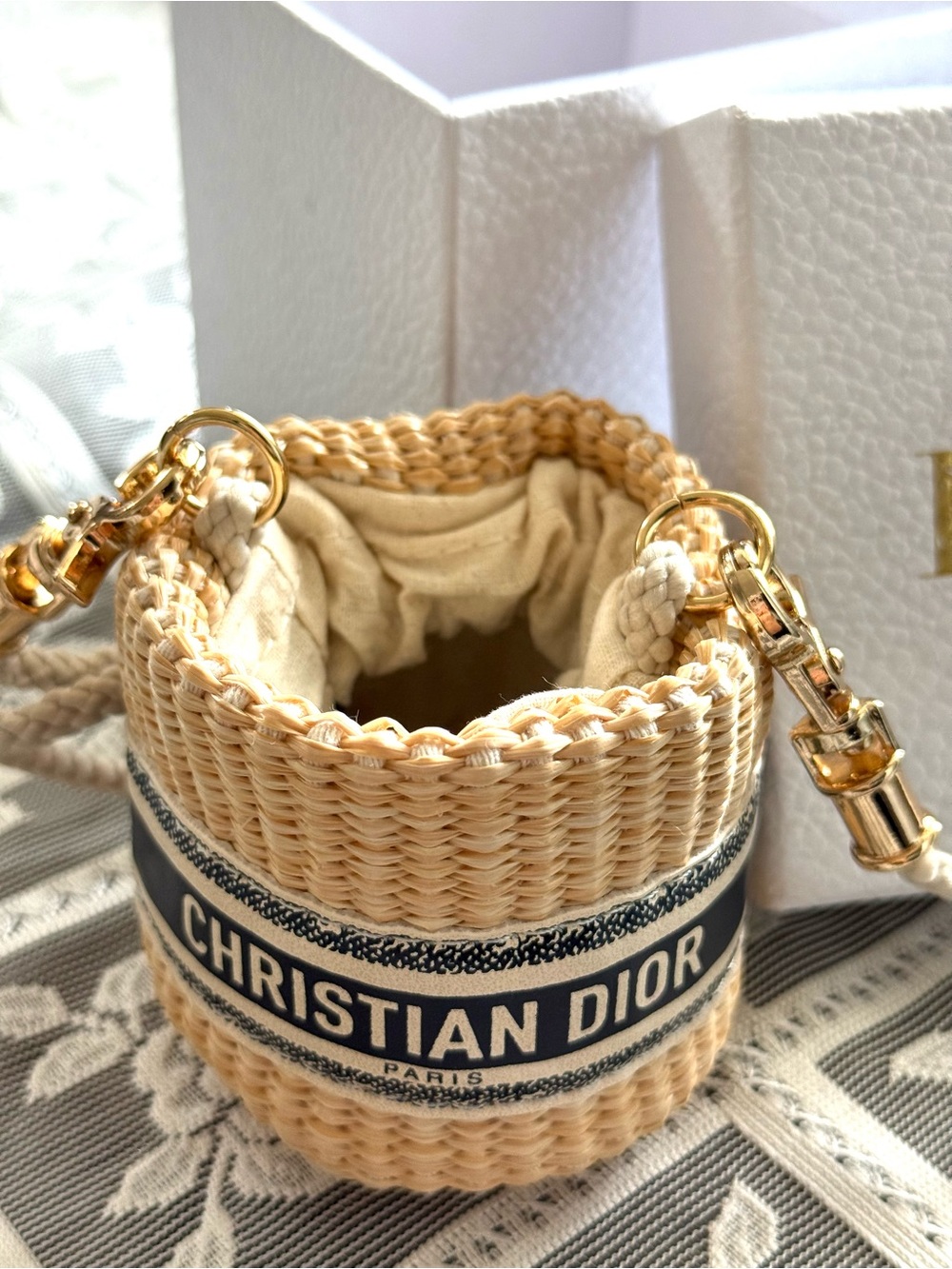 Dior Natural Beige Woven Mini Crossbody with Navy Logo Band - Picture 3 of 4